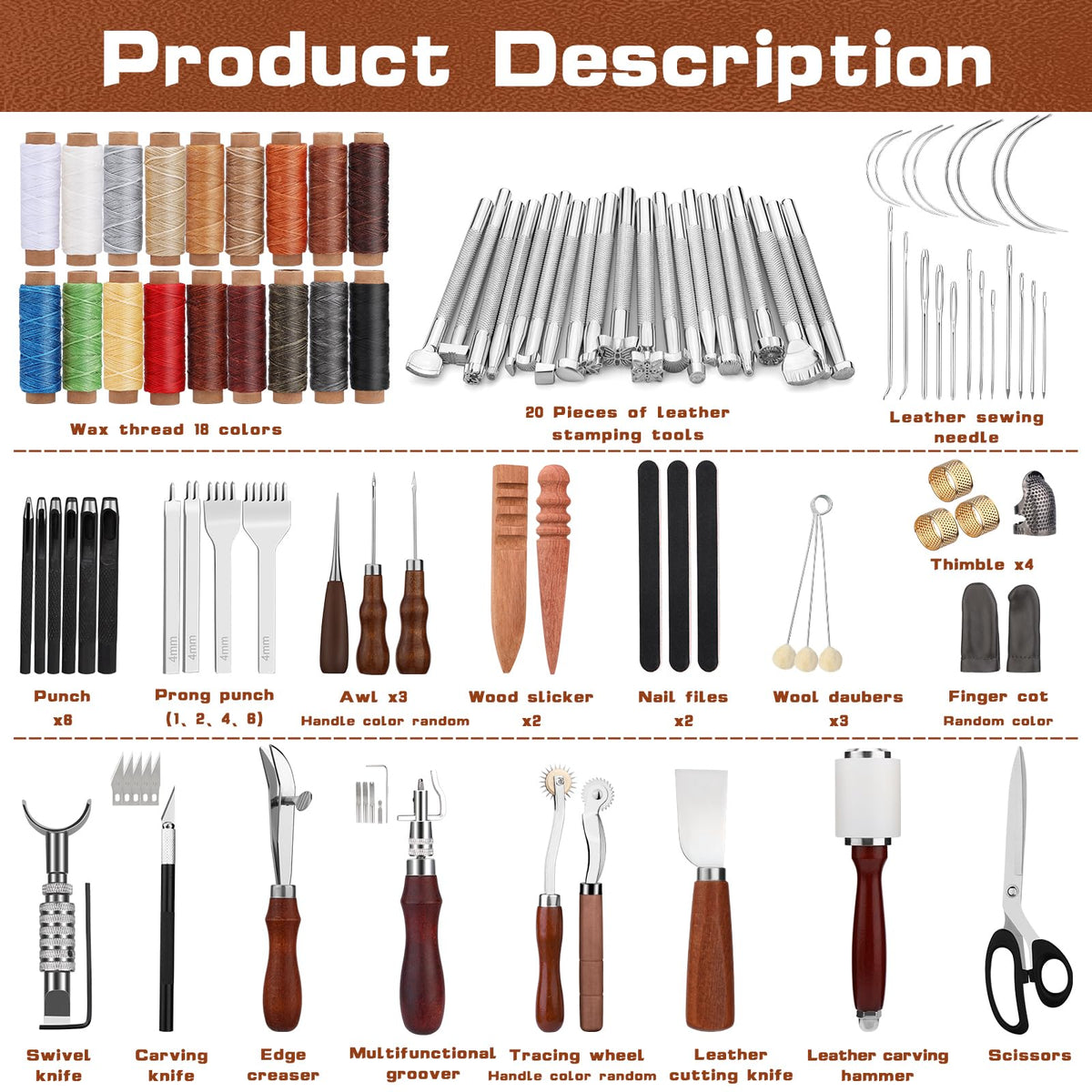 TLKKUE Leather Working Tool Leatherworking Tool Kit with Custom Storage Bag for Carving Punching Sewing Stamping, Essential Supplies for DIY Leather Crafts