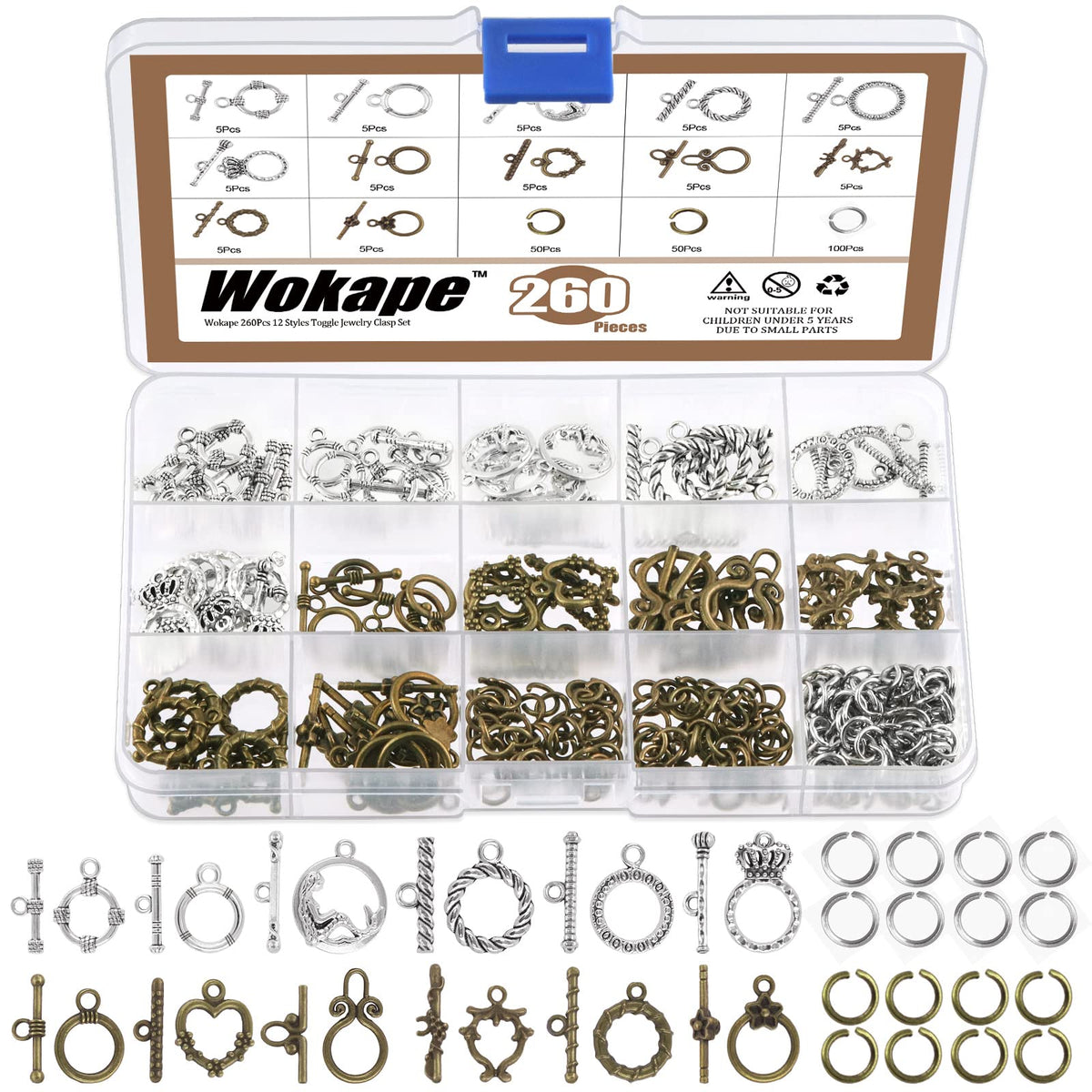 Wokape 260Pcs Tibetan Alloy Toggle Clasps with Open Jump Rings, 12 Styles T-bar Closure Clasp IQ Toggle Clasps Fastener Hook Toggle Connectors for Jewelry Making DIY Craft