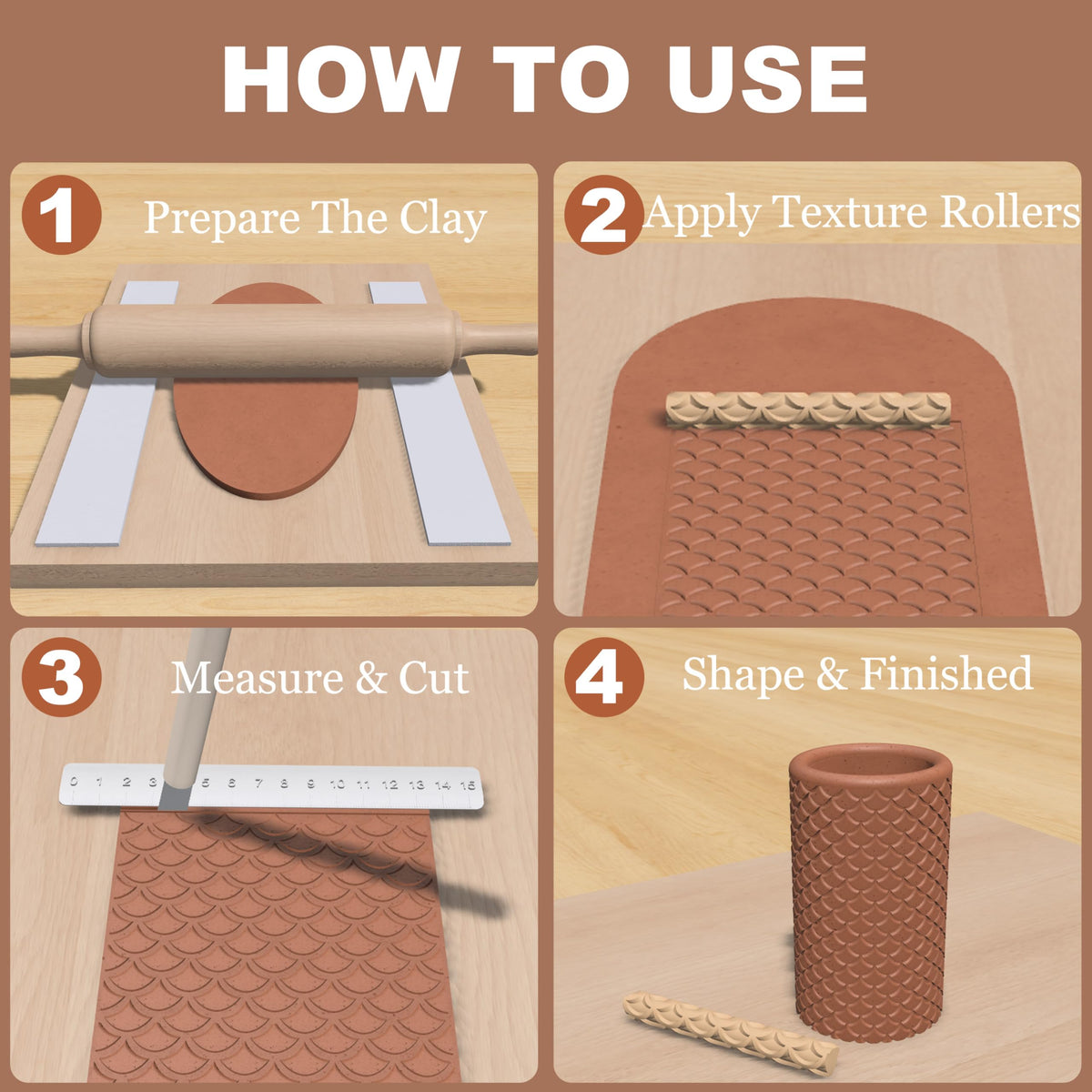 Maiguinzaa Clay Texture Rollers | 10-Pack Plastic Polymer Clay Tools | 5" Length x 0.65" Diameter | Non-Stick Easy Clean Surface for Pottery, Sculpting, DIY Art