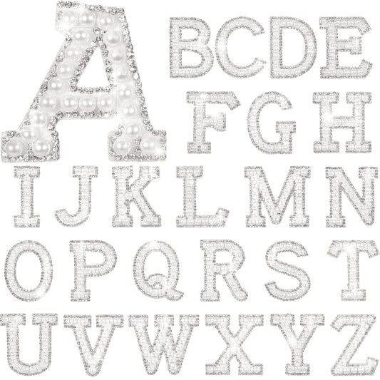 Waydress 26 Piece Rhinestone Iron on Patch A to Z Letter Appliques Adhesive White Pink Colorful Pearl Bling Patch Glitter Alphabet Embellishments for DIY Craft Supplies(Solid White)