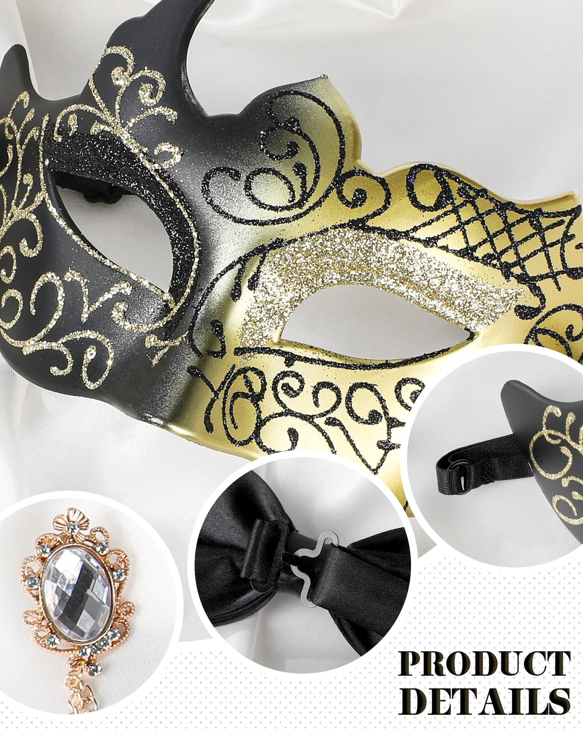 Zinniday 3 Pcs Masquerade Mask for Men, Black Gold Opera Venetian Mask Set with Rhinestone Brooch Bowtie, Opera Half Face Masks Kit for Man Halloween Prom Renaissance Carnival Party Accessory