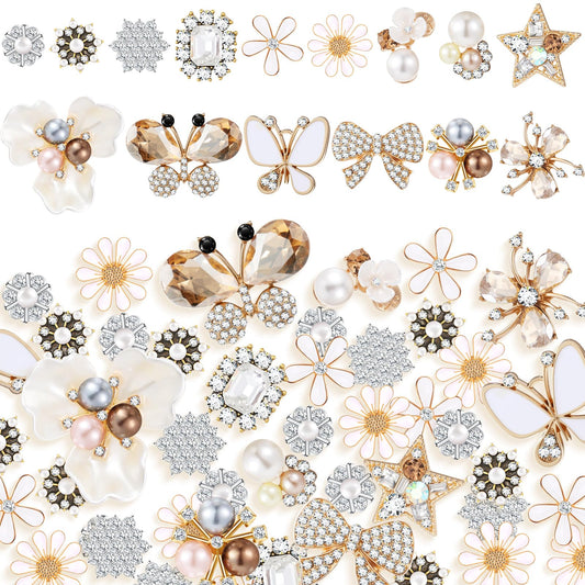 Liliaafar 60 Pcs Rhinestone Buttons Faux Pearl Embellishments Flat Back Flower Rhinestone Butterfly Buttons for Clothing Jewelry Making DIY Decoration Sewing Crafts Bag Shoes Women Wedding Bridal