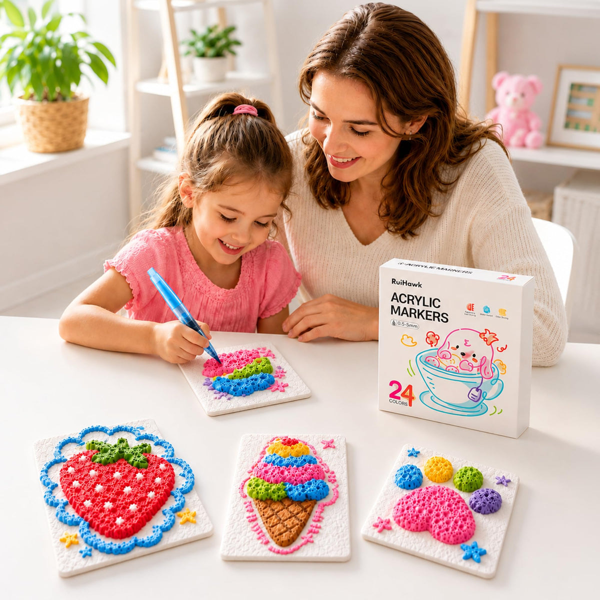 RuiHawk 3D Magic Foam Texture Painting Kit, 75 Pcs Puff Paint Art Supplies with 24 Auto-Flow Markers, 38 Texture Sheets & 10 Bead Necklace, Non-Toxic Creative Puffy Paint Gift for Boys Girls Ages 4-12