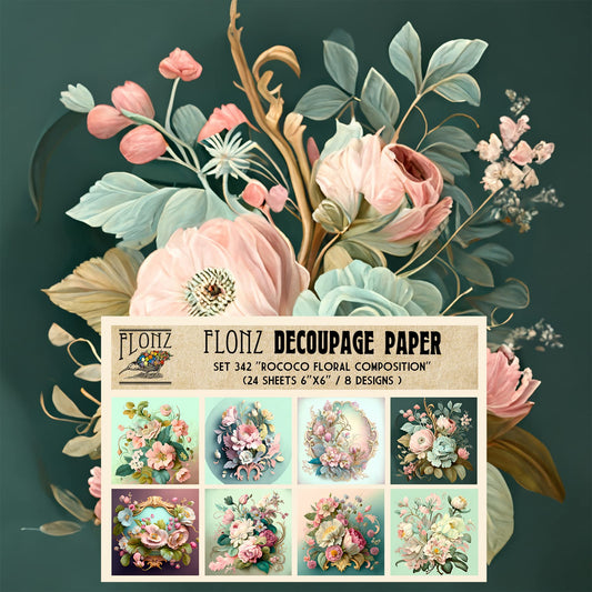 Decoupage Paper Pack (24 Sheets 6"x6") Rococo Floral Composition # Vintage Styled Pattern Paper for Decoupage, Craft and Scrapbooking