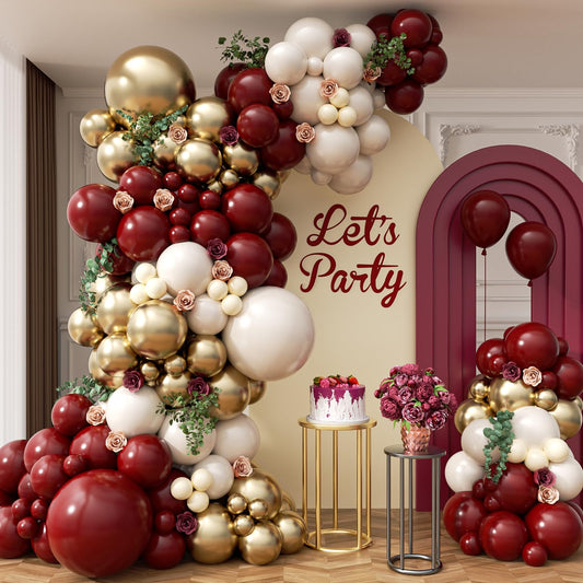 Burgundy Balloon Garland Arch Kit with Burgundy Maroon Sand White Metallic Gold Nude Balloons for Maroon and Gold Graduation Bridal Shower Party Birthday Decorations