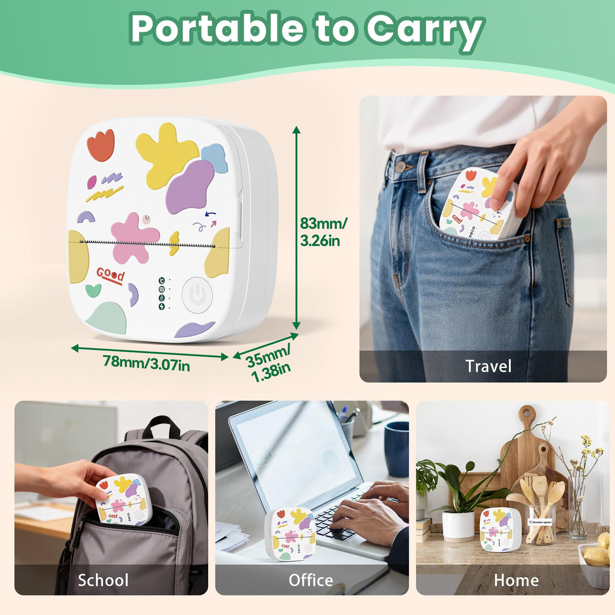 XenGro Mini Sticker Printer AHM2, Mini Thermal Printer with 3 Rolls Paper, Portable Bluetooth Inkless Printpods, Pocket Label Maker Suitable for Creative Kids DIY, Diaries, Photos, Study Notes -White