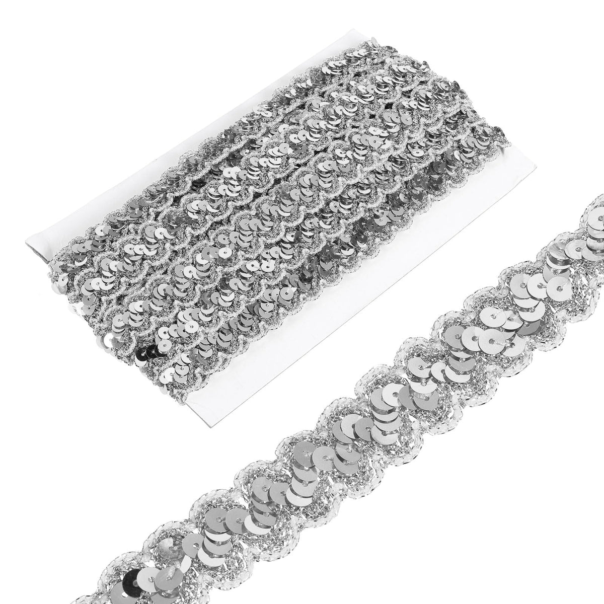 MECCANIXITY 0.9 Inch x 7 Yards Sequin Trim Silver Tone Wave Flat Sequin Braid Trim Strip Paillette Ribbon for Crafts, Embellishments, DIY Sewing Costume Decor