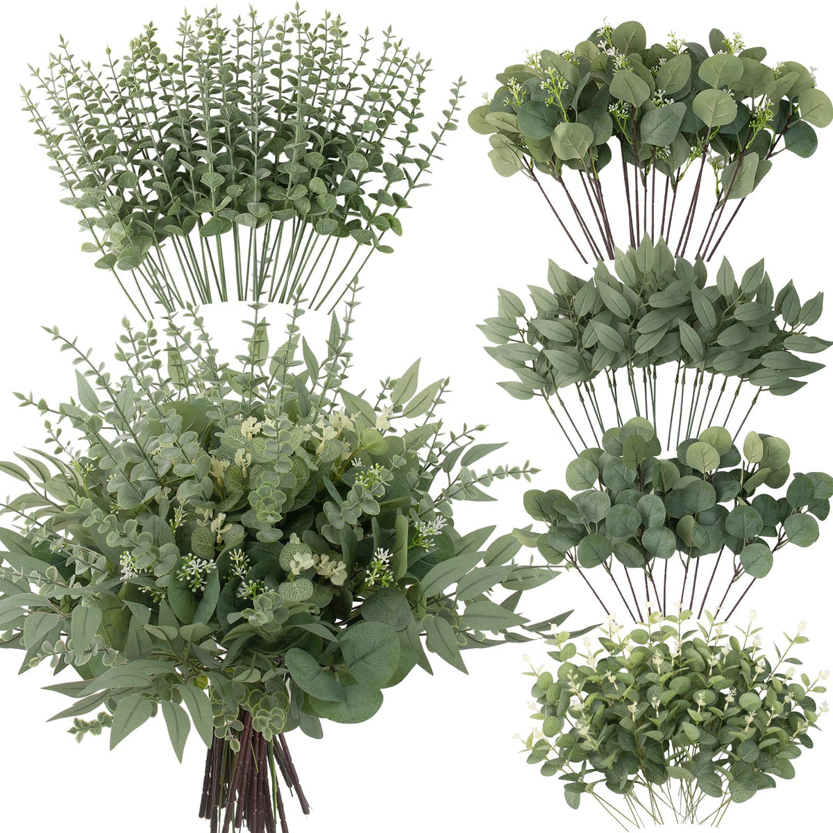 lovemoon 130 Pcs Artificial Mixed Eucalyptus Stems Bulk, 5 Kinds of Faux Greenery Eucalyptus Leaves Bulk for Vase Wedding DIY Bouquets Floral Arrangement Home Decor (130, Green)