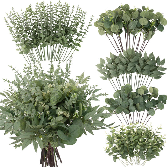 lovemoon 130 Pcs Artificial Mixed Eucalyptus Stems Bulk, 5 Kinds of Faux Greenery Eucalyptus Leaves Bulk for Vase Wedding DIY Bouquets Floral Arrangement Home Decor (130, Green)