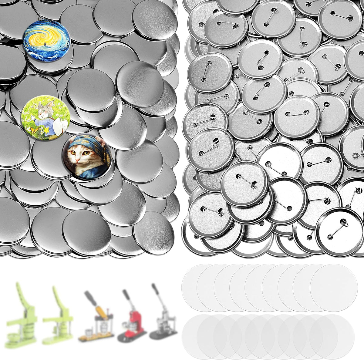 200 Sets 2.25 Inch Button Maker Supplies, 58mm Round Badge Parts with Metal Covers, Plastic Pin Backs, Clear Film & Blank Paper, Perfect for Button Maker Machine & Badge Press