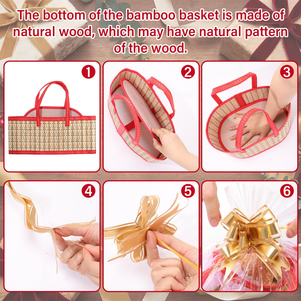 Reallnaive 1 Set Empty Gift Baskets to Fill, Elegant Bamboo Woven Basket with Handle, Includes Cellophane Wrap Bag and Pull Bows, Foldable DIY Gift Basket Kit for Baby Shower, Raffle, Gifts