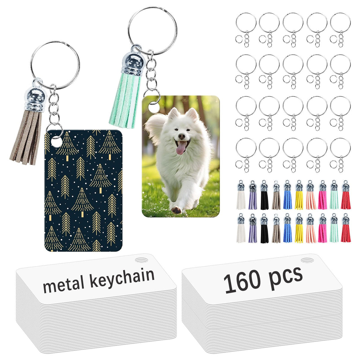 GEKIXUTP 160 Pcs metal Sublimation Keychain Blanks Bulk,Double Sided Sublimation Blanks Keychain Heat Transfer Keychain Blanks with Tassels,Sublimation Ornament Blanks key chain
