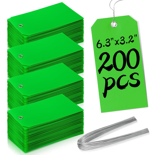 200 Pieces 6 1/4 x 3 1/8 Shipping Tags with String #8 Waterproof Green Tags for Labeling with Wire Blank with Holes Garage Sale for Moving Parts Equipment Garden Outdoor (Green)