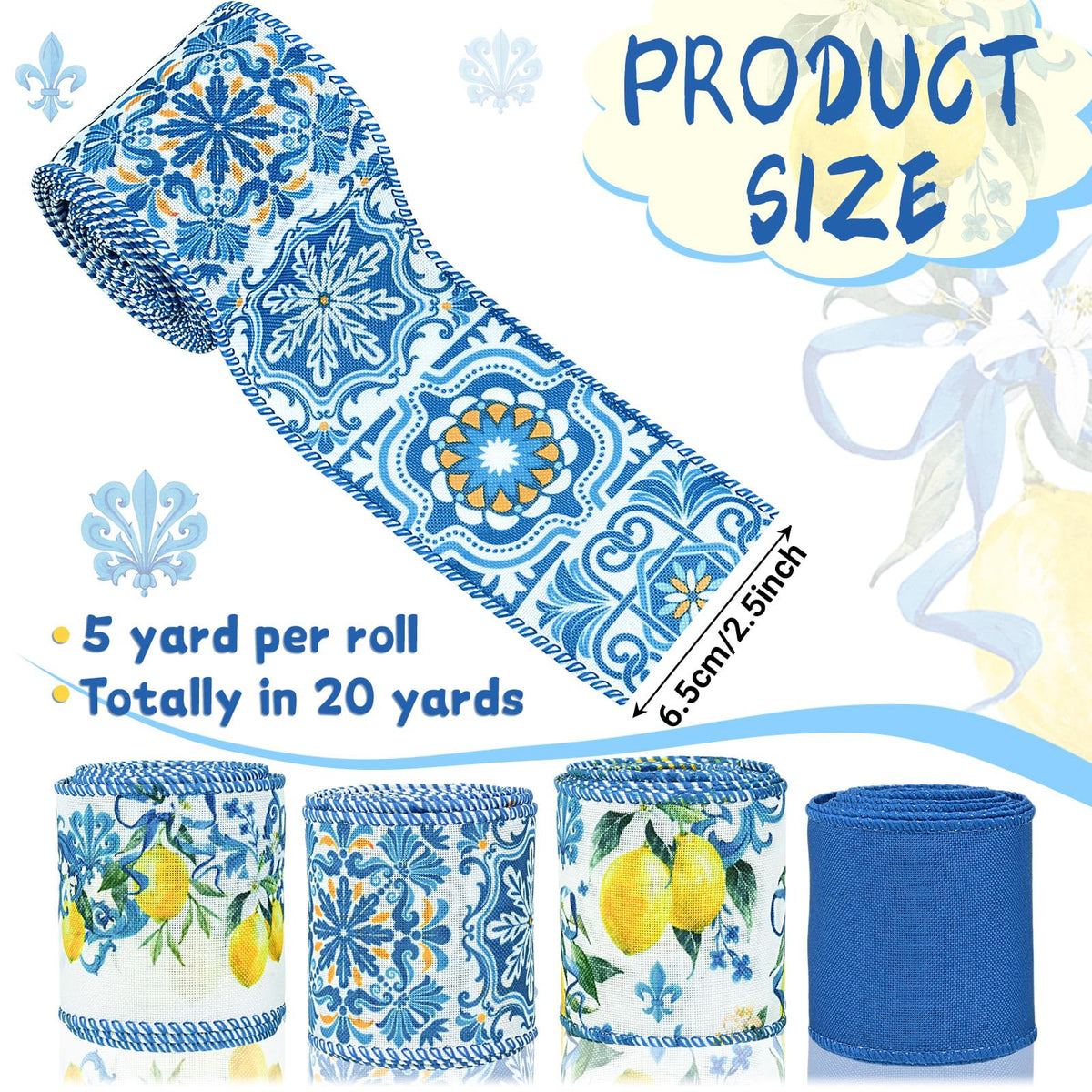 4Rolls 20 Yards Lemon Wired Edge Ribbon 2.5inch Summer Blue Tiles Yellow Lemon Printed Fabric Ribbon for Wreath Bow Making DIY Crafts Wrapping Supplies
