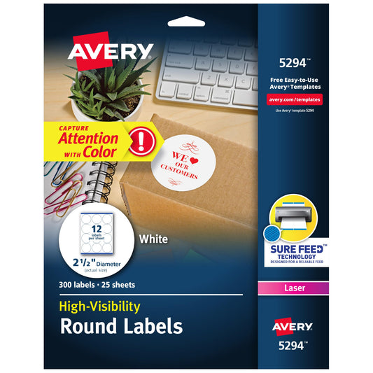 Avery Round Printable Labels, 2.5" Diameter, Matte White, Sure Feed Technology, Laser & Inkjet Compatible, 300 Blank Labels Total, Great for Branding, Packages, School Supplies, and More (5294)