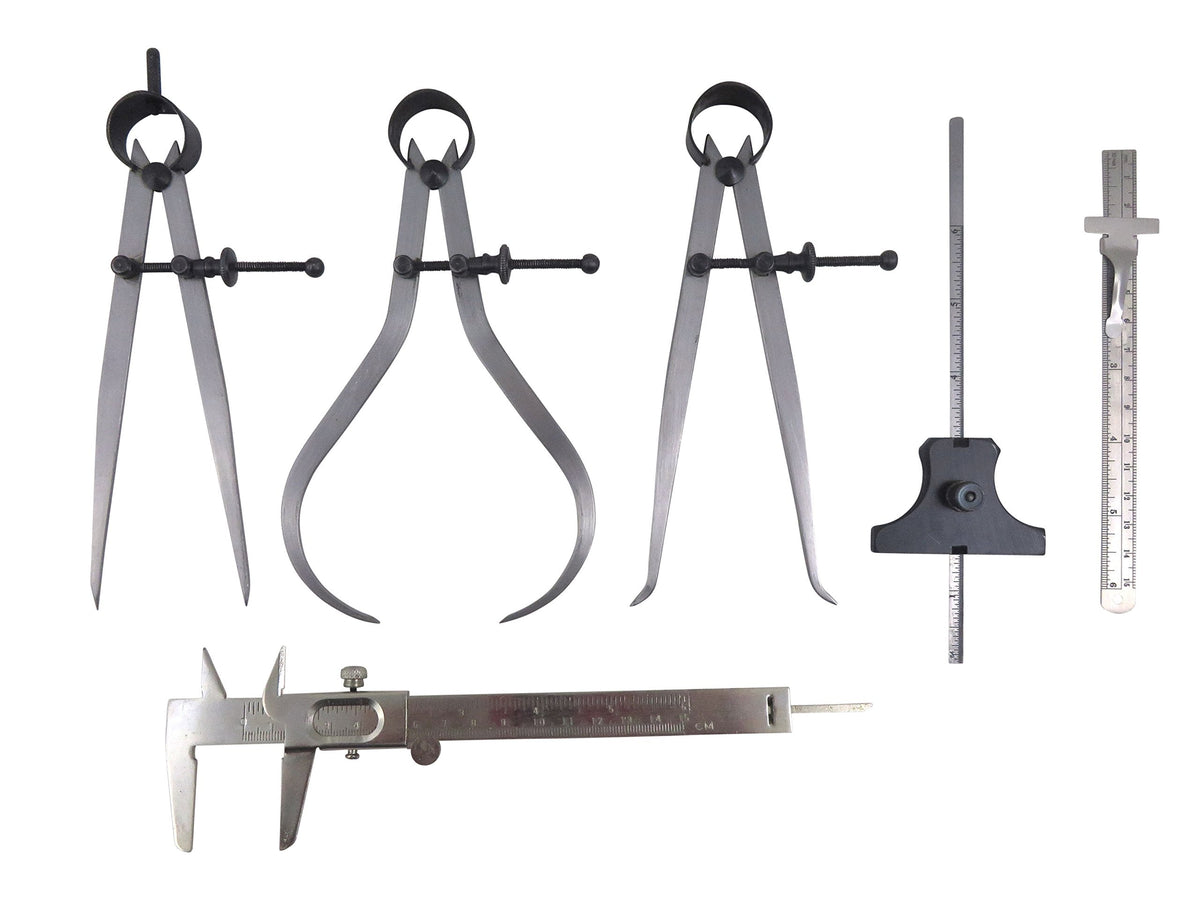 Taytools 6 Piece Measuring Set/Kit with 6" Spring Dividers, Inside & Outside Calipers, Depth Gauge, Pocket Ruler, Vernier Caliper 113500