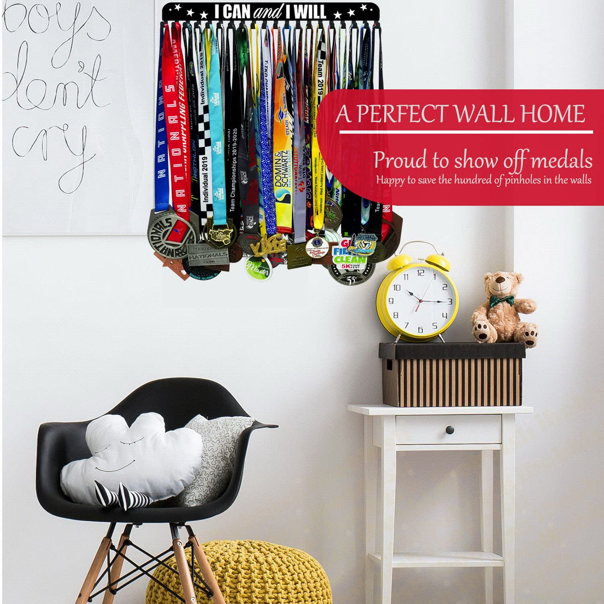 iBobbish I CAN & I Will Sports Marathon Medal Display Hanger Holder Racks Frame in matt Black Surface Wall Mount Over 40 Medals Upgraded Medal Rack Hooks Easy to Install Easy to use