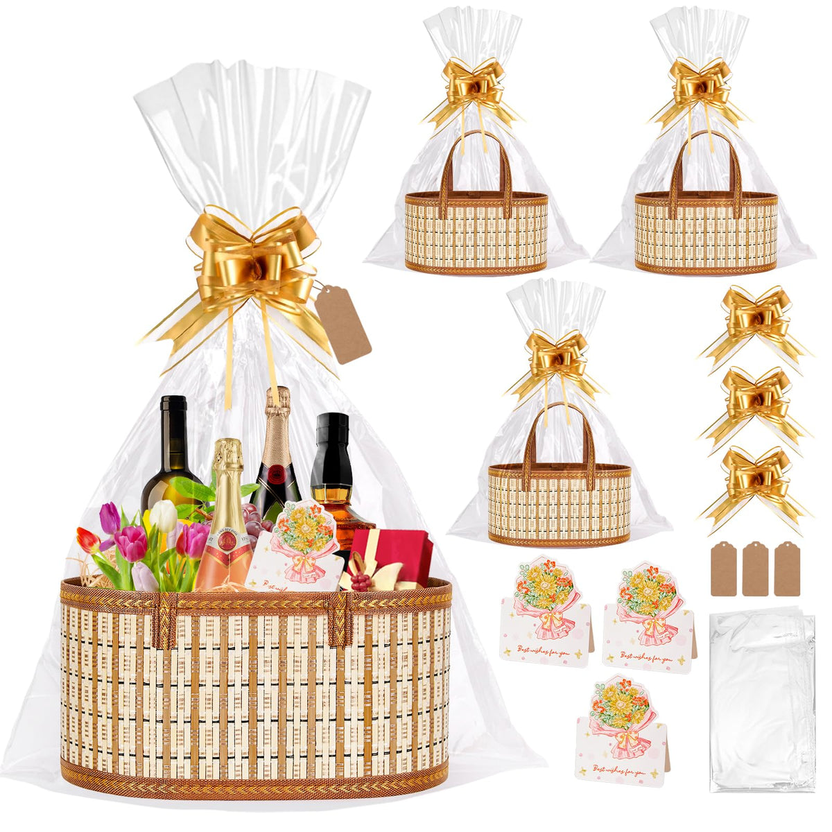 Dreamtop 3 Set Baskets for Gifts Empty, Woven Bamboo Gift Basket Empty Large with Handles, Sturdy Gift Basket Kit Empty to Fill for Christmas Birthday Baby Shower Wedding Gift