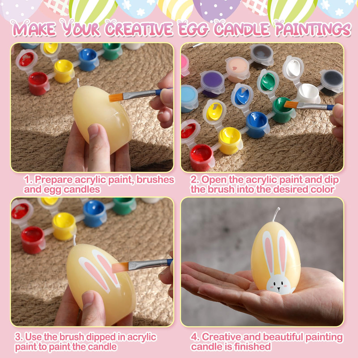 Conelist 25 Pcs Easter Egg Candle Painting Kit Easter Painting Crafts for Adult Macaron Egg Shaped Candles with Carton Acrylic Paint Strips Paintbrushes for Spring DIY Gift Basket Stuffers