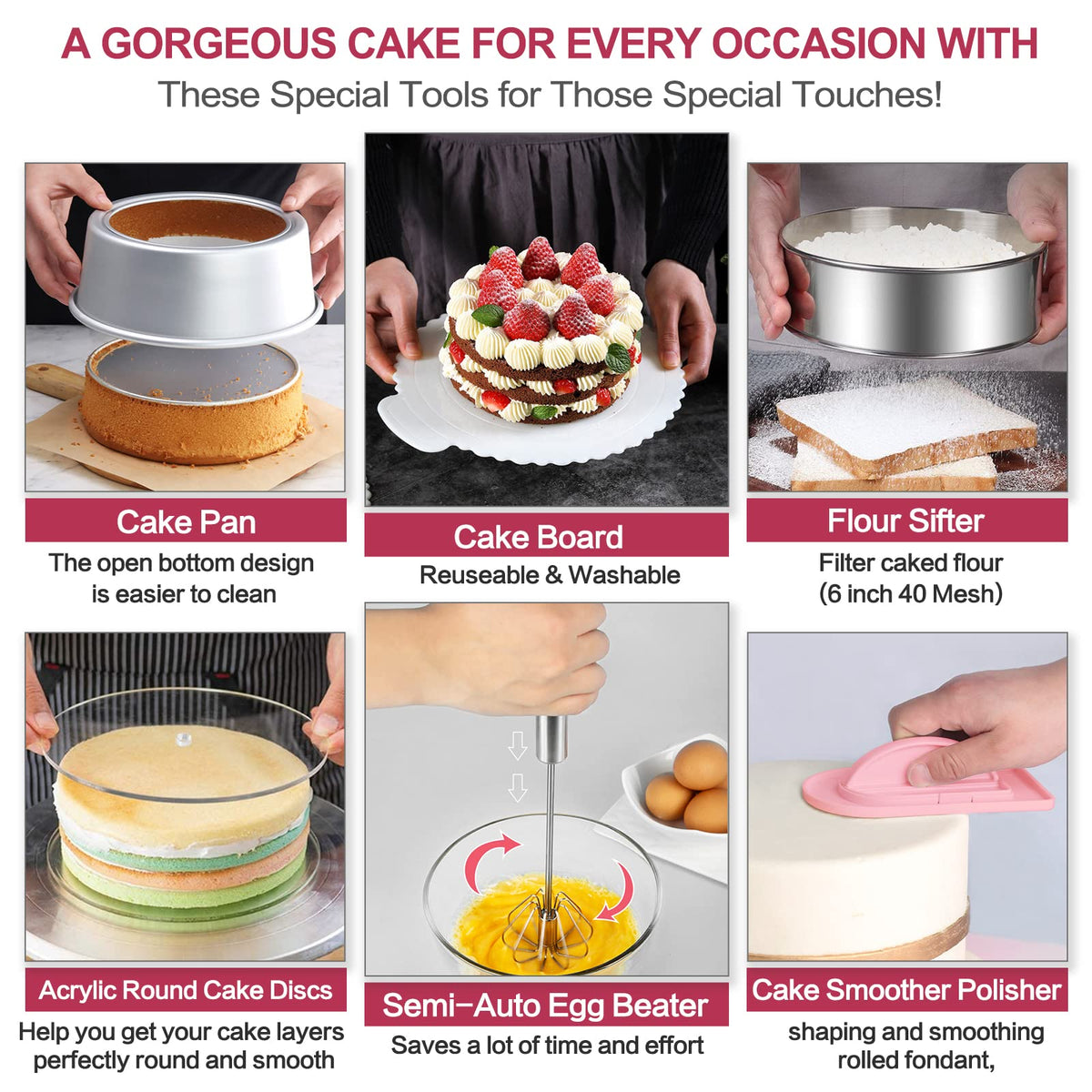 Aluminum Alloy Revolving Cake Stand & Carrier - 268PCS Kit with 54 Piping Tips, Acrylic Cake Discs, Various Spatulas