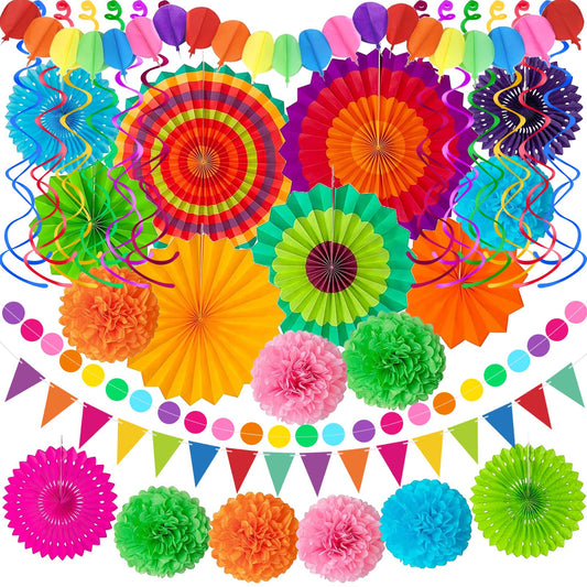 33Pcs Fiesta Decorations Cinco De Mayo Decorations Multi-Color Paper Fans Garlands Pennant Pom Poms Hanging Swirls For Birthday Wedding Rainbow Mexican Party
