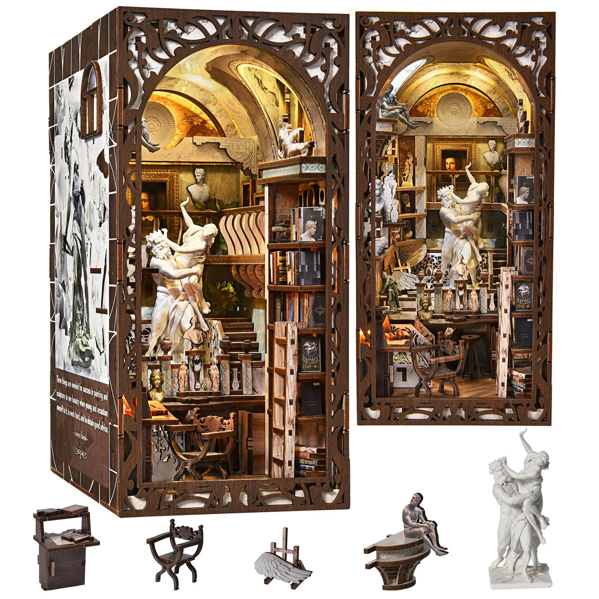 CCCDF DIY Book Nook Library Kit, Miniature Dollhouse Booknook Kit, 3D Wooden Puzzle Bookend Bookshelf with LED Light for Teens and Adults (Bernini's Sculpture Workshop)