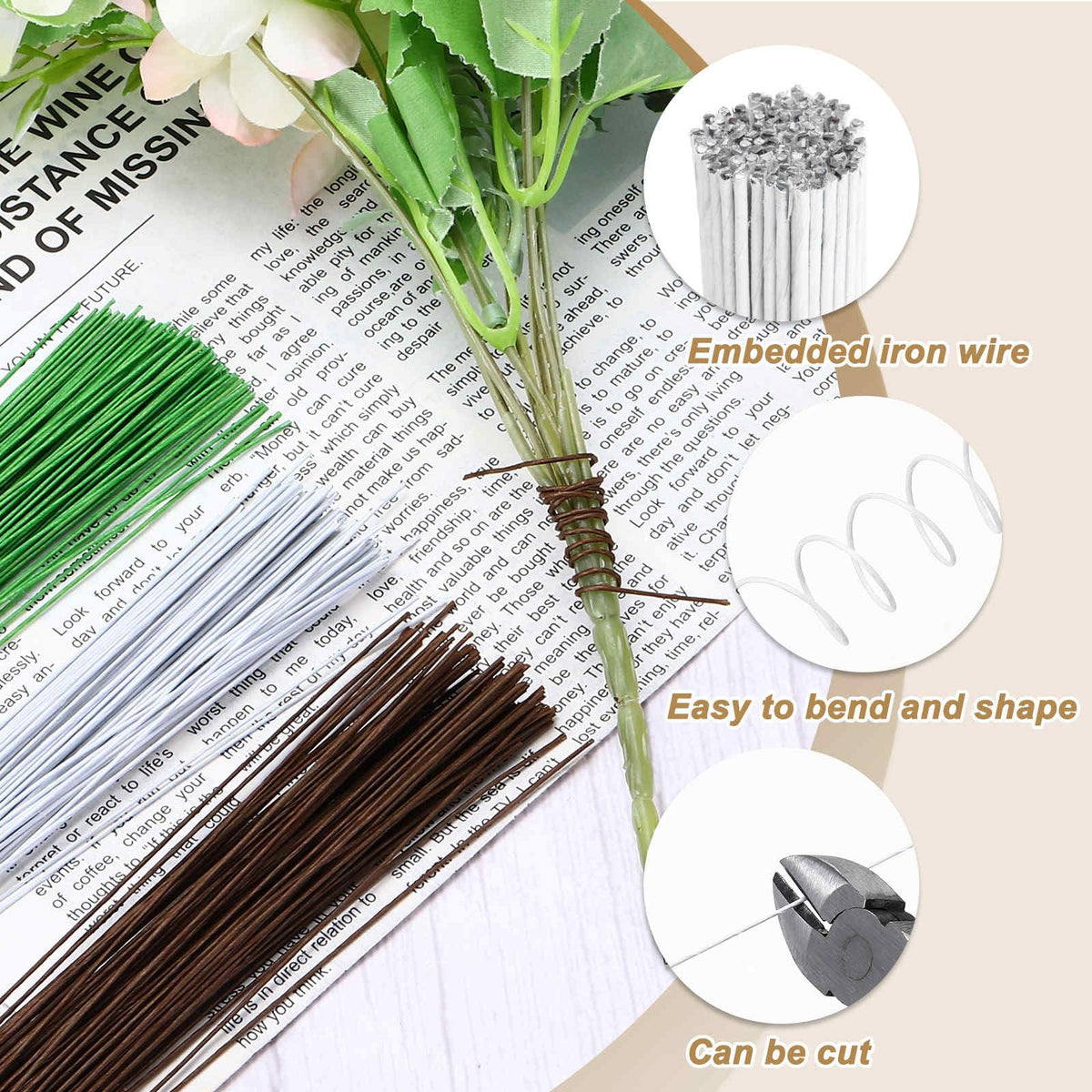 MECCANIXITY 100pcs White Floral Wire Stems Bendable 0.9mm 20 Gauge Florist Wire for Artificial Flower Making Crafts Wreaths Supplies