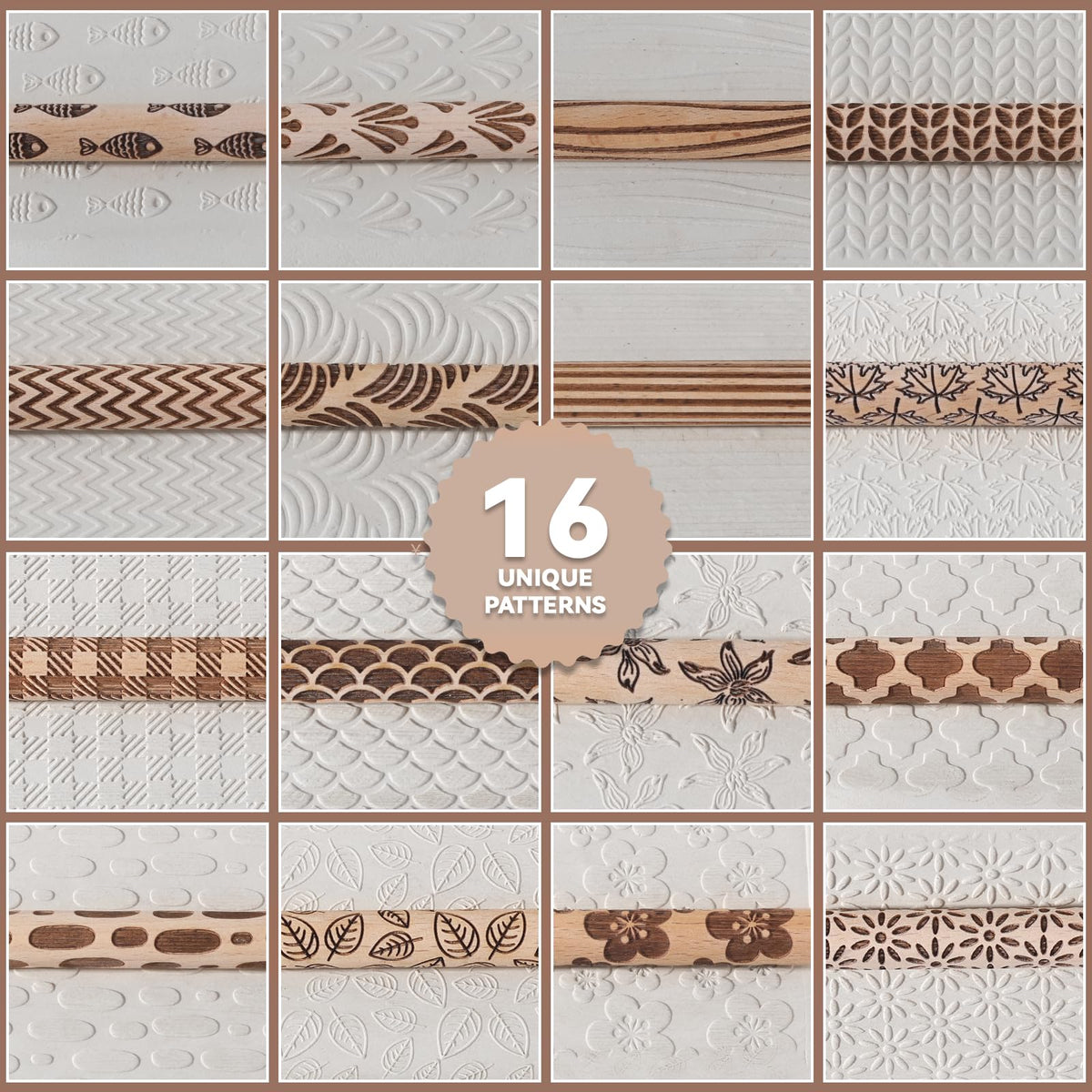 Conderyang 16Pcs Wooden Clay Texture Roller Set Clay Modeling Pattern Rollers Wooden Texture Rollers Wood Pottery Tools Pottery Tool Set for Artists Art Creation Ceramic DIY, 4In x 0.6In（Style 1)