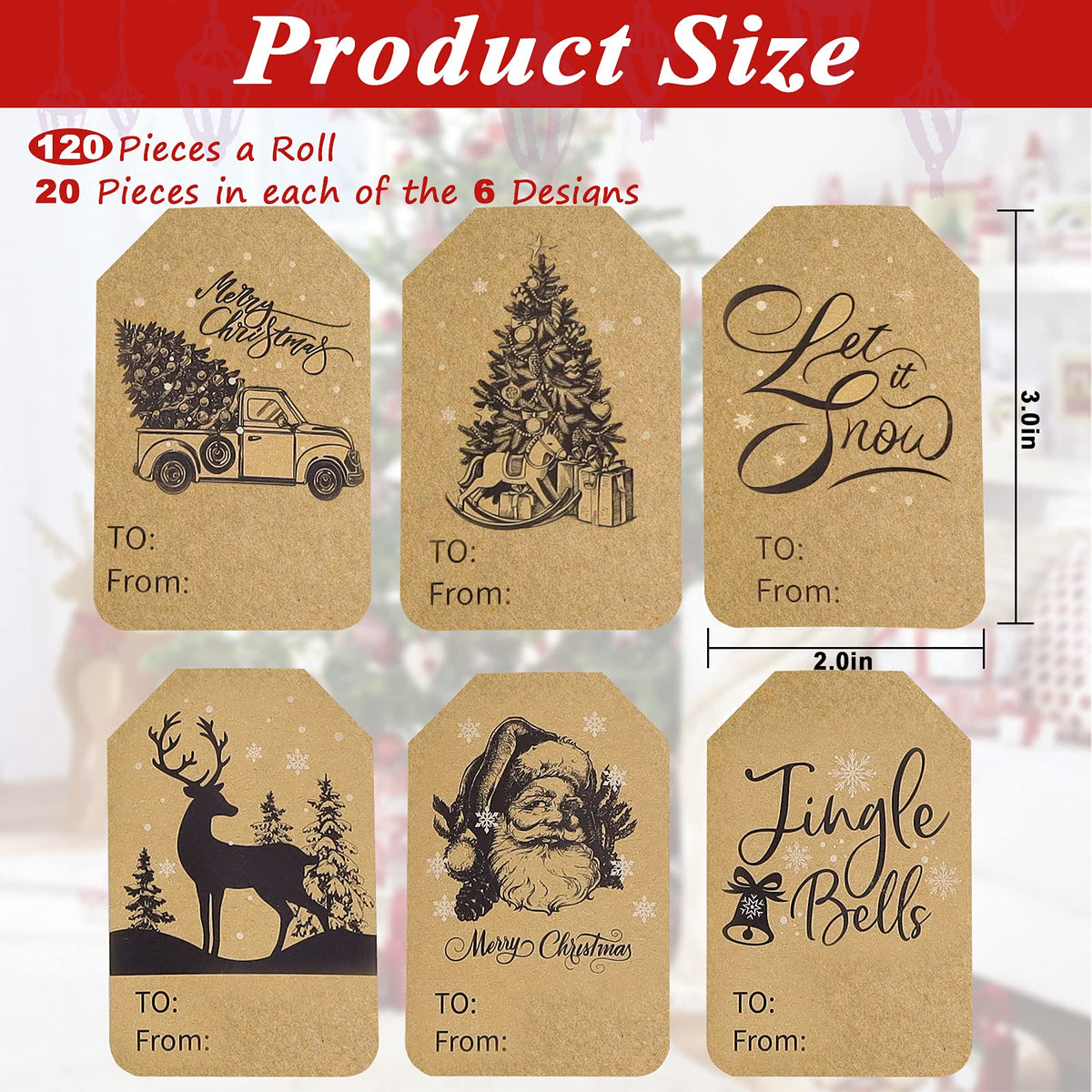 Kraft Christmas Gift Label Stickers 2 x 3 Inch Self-Adhesive Name Christmas Gift Tag Stickers 120 Pieces a Roll