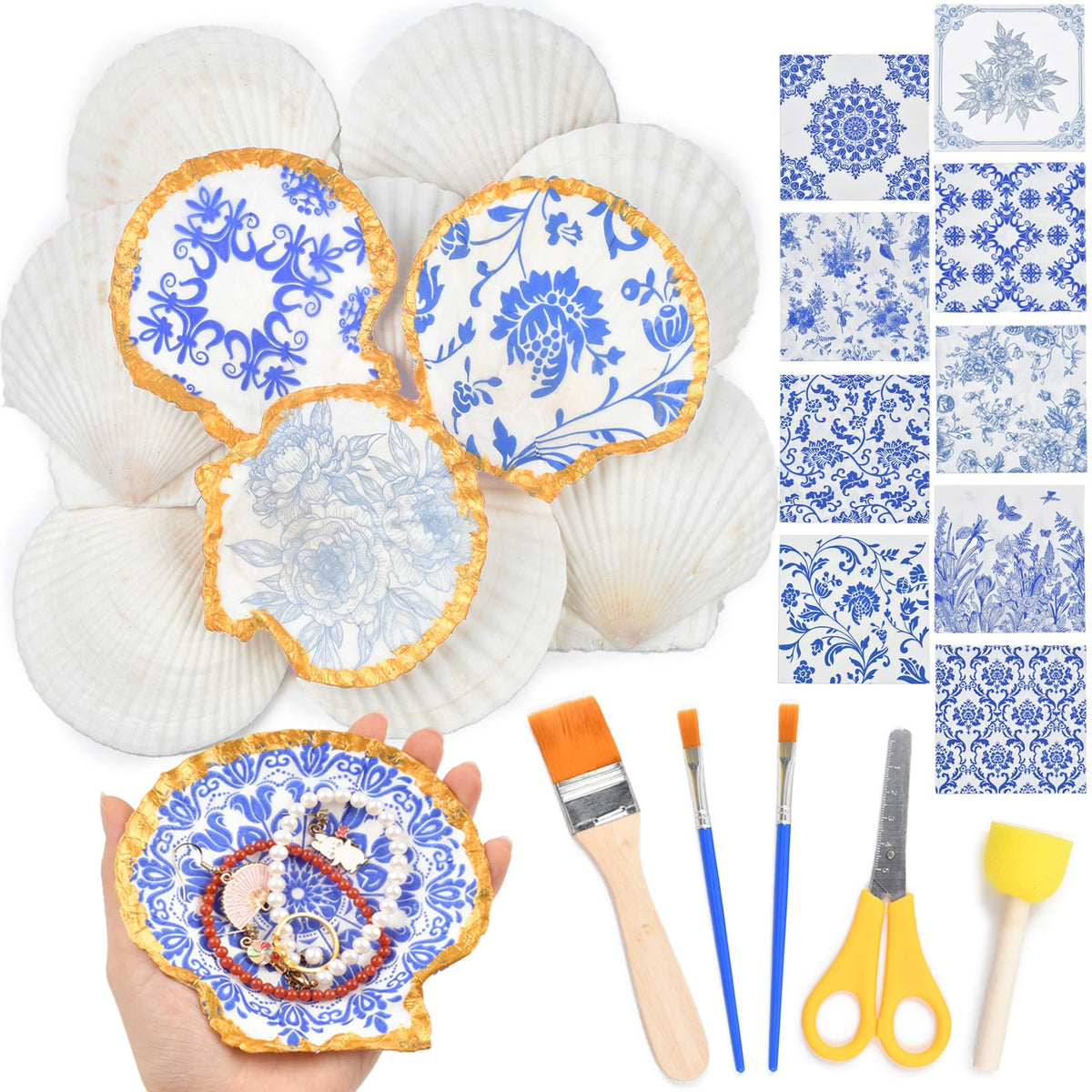 The Left Bridge Scallop Shells Decoupage Kit, DIY Sea Shells with Decoupage Paper, Coastal Home Decor Crafting Kit for Adults, Chinoiserie Style Handmade Shell Craft Ornaments (No Glue and Pigment)