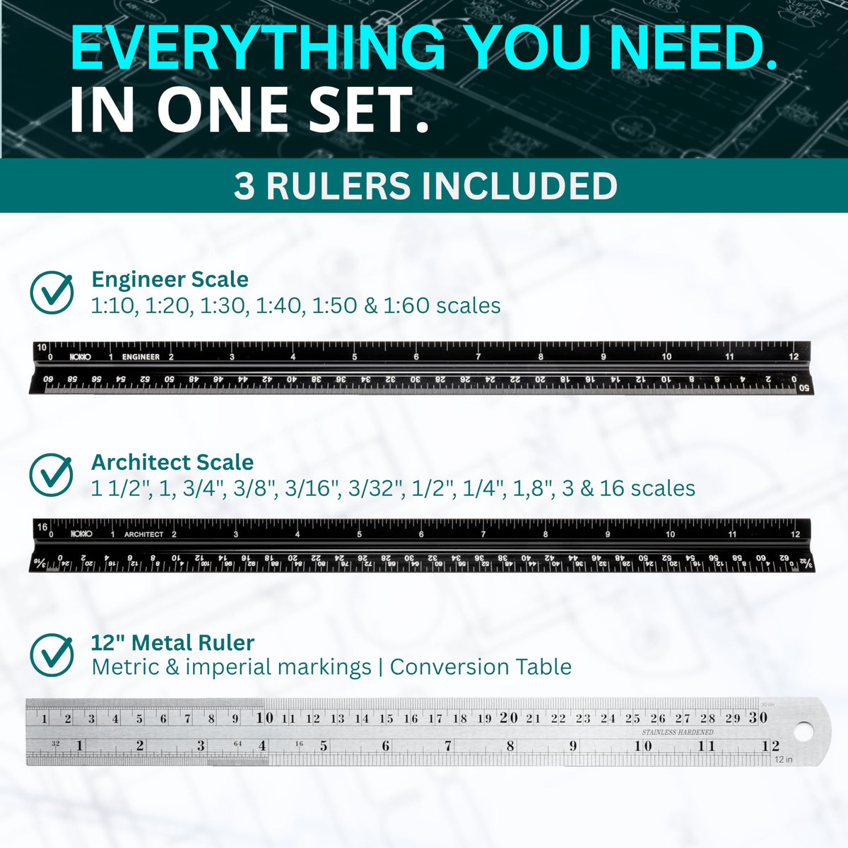 NOKKO Architectural Scale Ruler Set with Engineer Scale and Metal Ruler, 12 Inch Aluminum Drafting Rulers for Blueprints, Engineering Drawings and Floor Plans