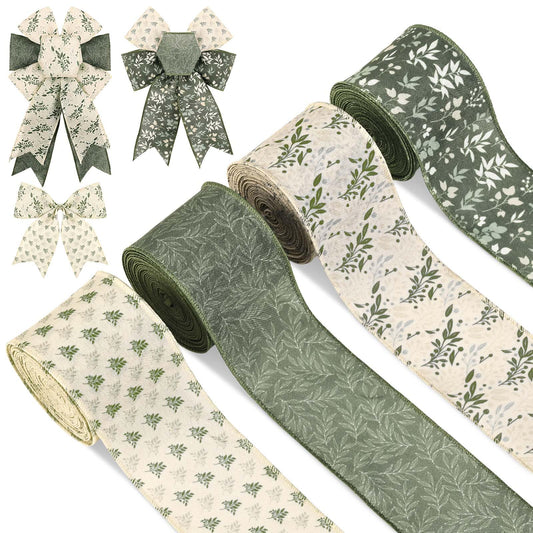 4 Rolls 20 Yards Sage Green Wired Edge Ribbon 2.5 Inch Spring Botanical Floral Buralp Ribbon Greenery Flower Fabric Ribbon for Gift Wrapping DIY Bow Wreath Making Spring Holidays Party Decorations