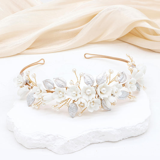 Oriamour Bridal Headband With Pearls Leaves Design Wedding Headbands For Women Girls Bridal Headpiece For Birthday Prom Parties (Gold)
