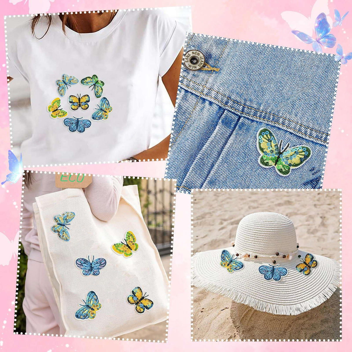 Gythara 16 Pcs 8 Styles Spring Butterfly Theme Polyester Patches Sequin Insect Animal Iron on Embroidery Appliques for Clothes Bag Backpack Sewing Craft Costume Accessories