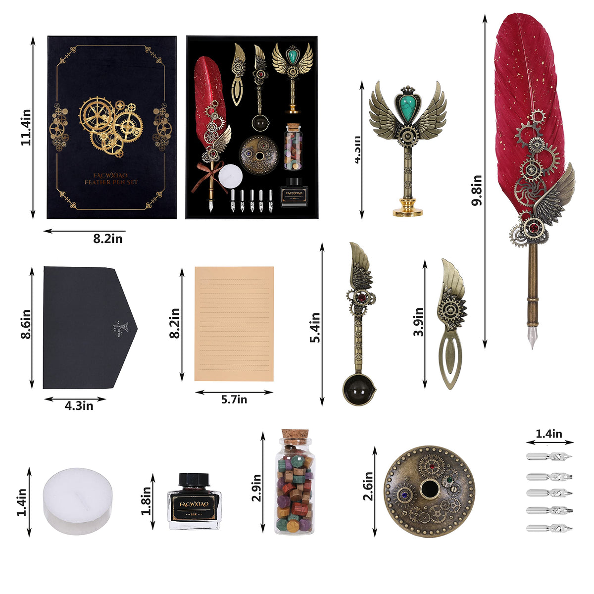 Facwxiao Quill Pen Set, Feather Pen, Ink, Bookmarks, Seals, Nibs, Wax Bead, Envelopes, Writing Paper, Gift Box, Red