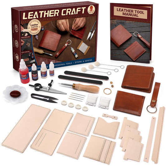 CBHGFEA 51-Piece Leather Working Kit: CBHGFEA Craft Tools Set with Edge Beveler Vegetable Tanned Leather Compass Wax Thread Video Tutorials for Wallets Card Holders and Keychains Crafts for Adults