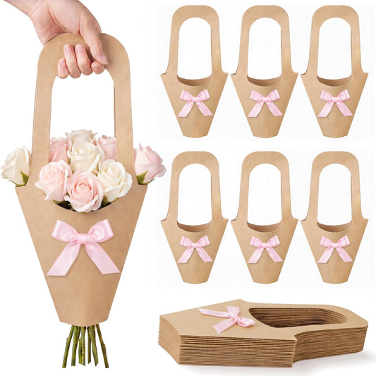 Mooliwe 20 Pcs Wedding Flower Bouquet Holder with Bow Flower Paper Gift Bags with Handles Kraft Packaging Wrap Bags for Florist Wedding Birthday Baby Shower Small Business Party Decor