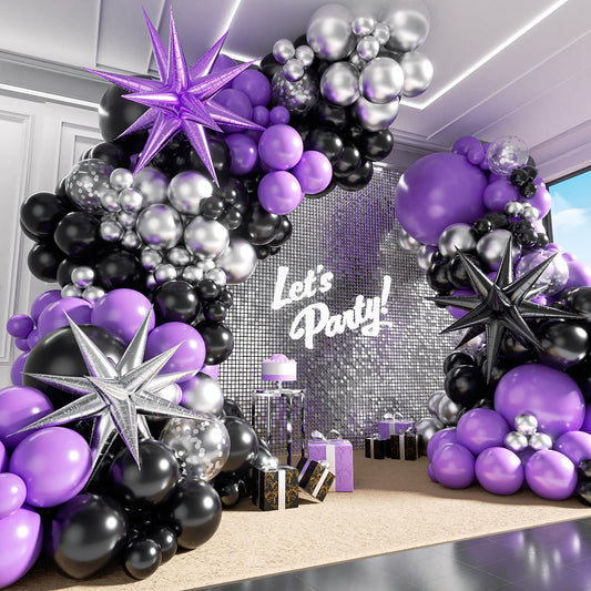 125pcs Purple and Black Balloon Garland Arch Kit, Sliver Confetti Metallic Purple Balloons for Graduation Halloween Birthday Party Decorations