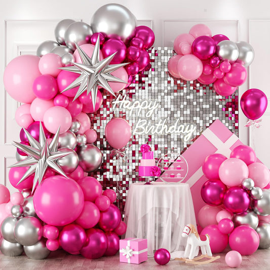 Pink and Silver Balloon Arch Kit, 120PCS Pastel Pink Hot Pink silver 4D Star balloons for girl for Baby Princess Theme Party Birthday Girl Baby Shower Anniversary Wedding 2025 graduation