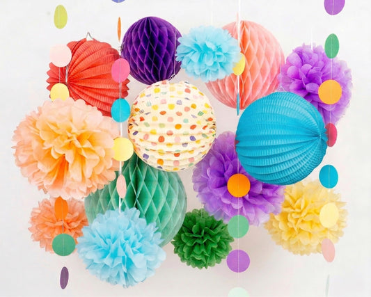PapaKit Premium Paper Decoration Set - Pom Pom, Honeycomb and Accordion Lantern (Festive Colors) Birthday Party Baby Shower Bride to Be Engagement Wedding Events