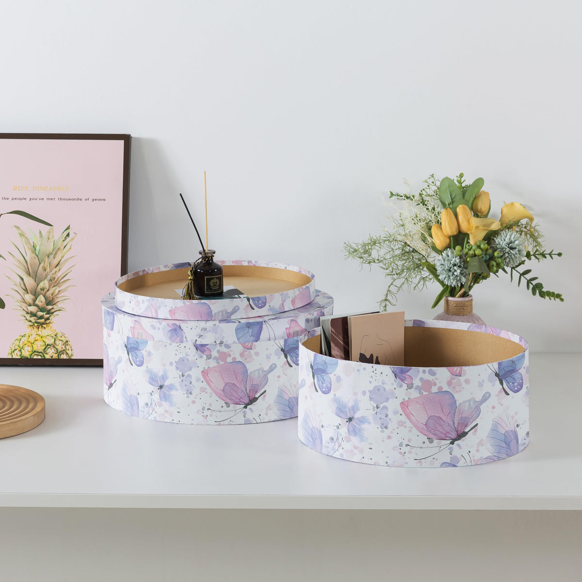 Soul & Lane Large Oblong Cardboard Decorative Storage Boxes with Lids, Set of 2 Cardboard Boxes for Flowers and Gifts, Oval Nesting Memory Containers for Keepsakes and Organizing, Butterfly Garden