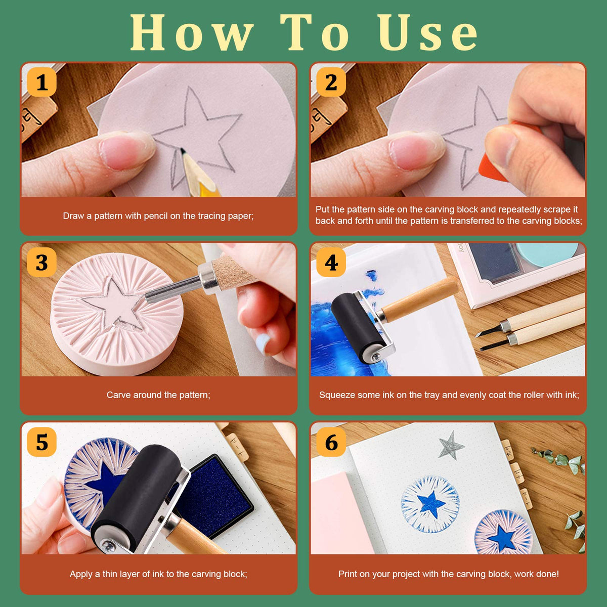 Keadic 41 Pieces Rubber Stamp Making Kit, Includes 2 Rubber Stamps Carving Blocks, 3 Carving Tools & Whetstone, Tracing Papers, Brayer Roller, Block Printing Tools for Stamp Carving and Printmaking