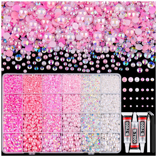 14000PCS Flatback Pearls and Pink Rhinestones for Bedazzling Kit, Pink White 3-10mm Resin Rhinestones Gems and Half Pearls for Crafting, Nail Art and Grad Cap Decor with B7000 Jewelry Glue