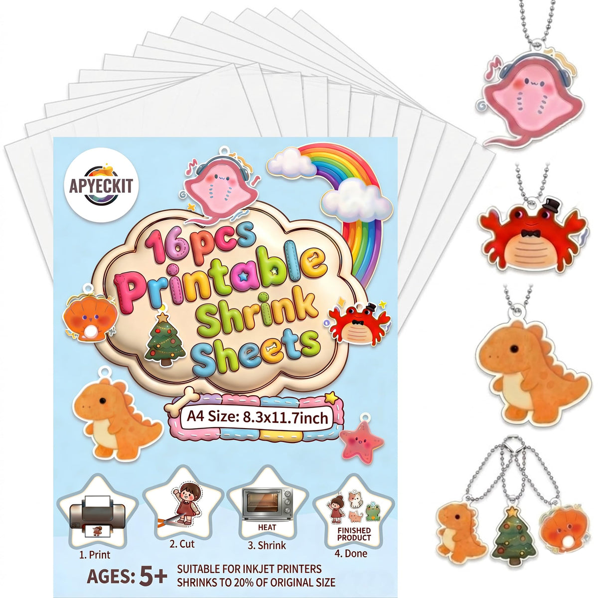 APYECKIT 16Pcs Printable Shrinky Dink Sheets,A4 Printable Shrink Paper for Inkjet Printer, Shrink Dink Sheets for DIY Art Keychain Making Kits for Mother's Day, Father's Day Gifts