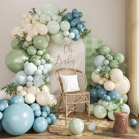 Dusty Blue Sage Green Balloon Arch Kit, 124Pcs Fog Blue Light blue Green Sand White Balloons Different Size for Baby Shower Bridal Shower Anniversary Birthday Party Decorations