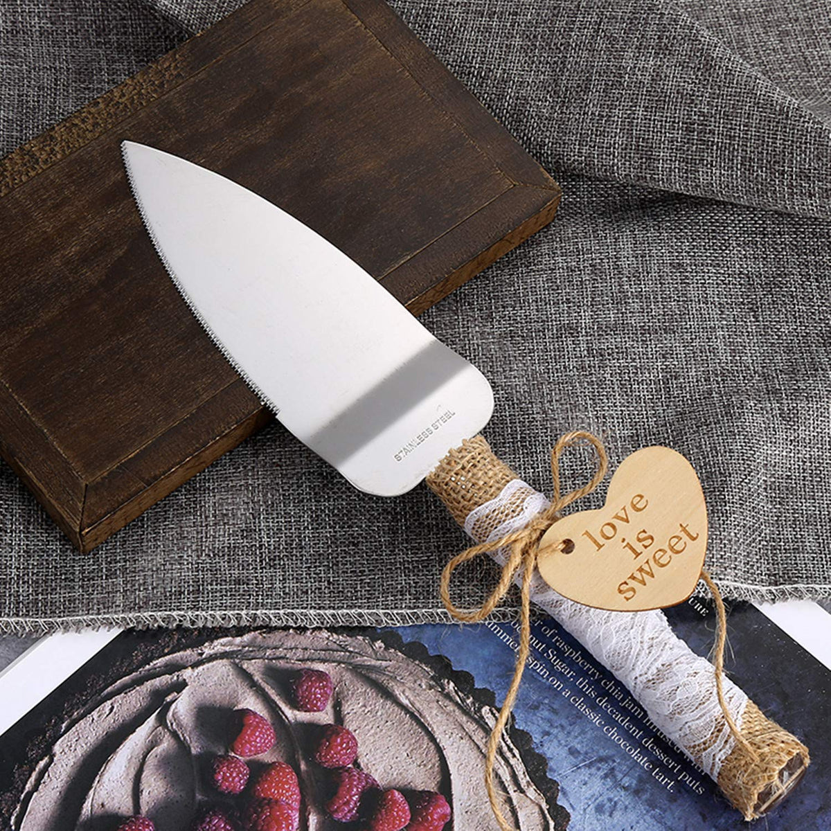 TANG SONG Rustic Style Stainless Steel Wedding Cake Knife and Serving Set Resin Plastic Handle with Twine Heart Love Wood Tag and Burlap Lace Design