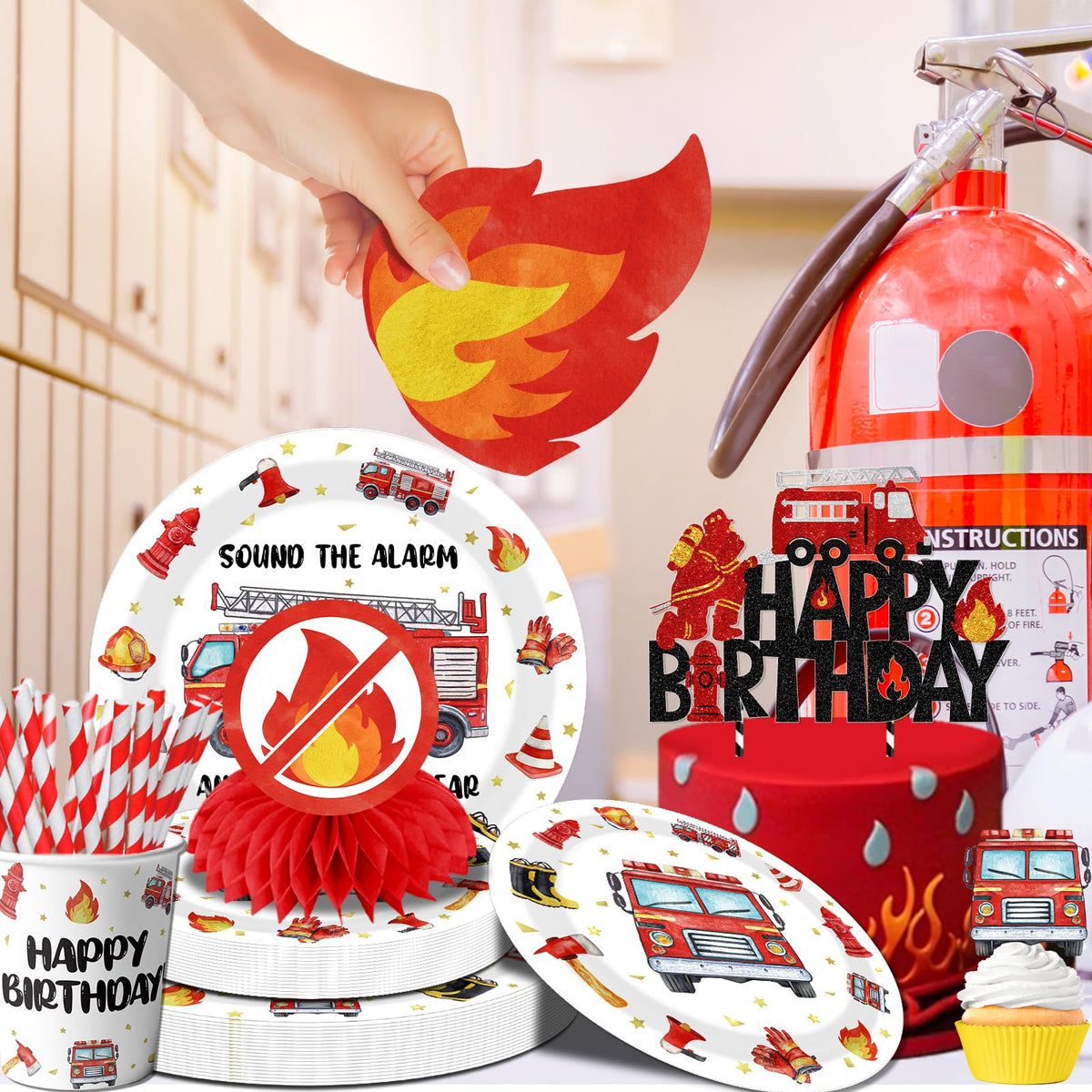 219pcs Firetruck Birthday Decorations Tableware Include Fire Truck Plates and Napkins Set, Cups, Banner, Hanging, Tablecloth, Cake Topper, Cupcake Topper for Firefighter Party Decorations Serve 24