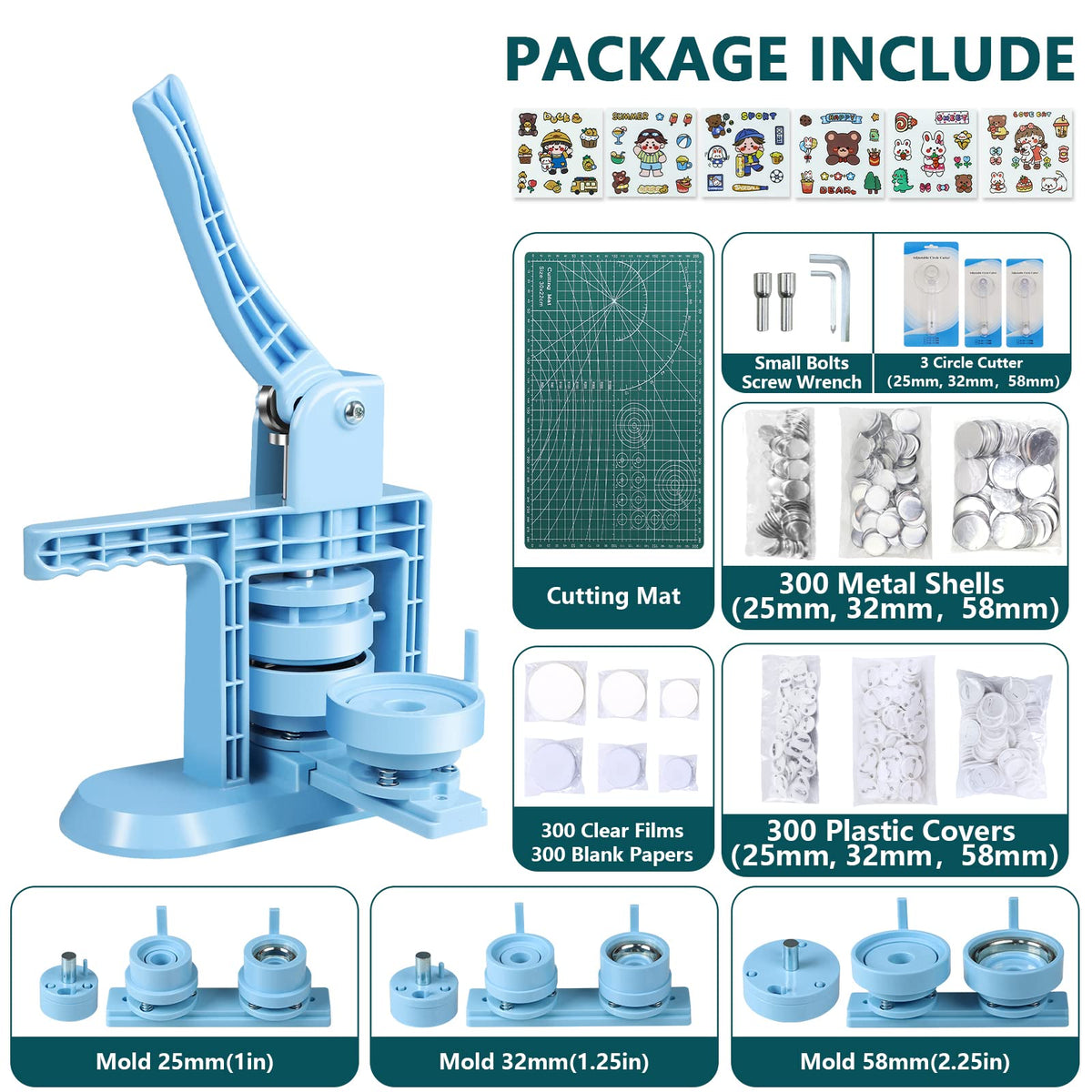 MK.Bear Button Maker Machine Multiple Sizes 1+1.25+2.25inch(4th Gen), DIY Button Pin Maker Machine Kit, Badge Press Machine with 300PCS 25+32+58mm Button Making Supplies& Cutting Mat&Circle Cutter