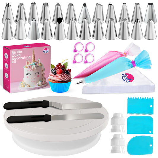 Riccle 94 pcs Cake Decorating Kit with Cake Turntable - Includes 50pcs 16 Inch Disposable + 2 Reusable Piping Bags and Tips Set, 24 Icing Piping Tips, 2 Spatulas, 3 Icing Comb Scraper, 6 Cake Liners
