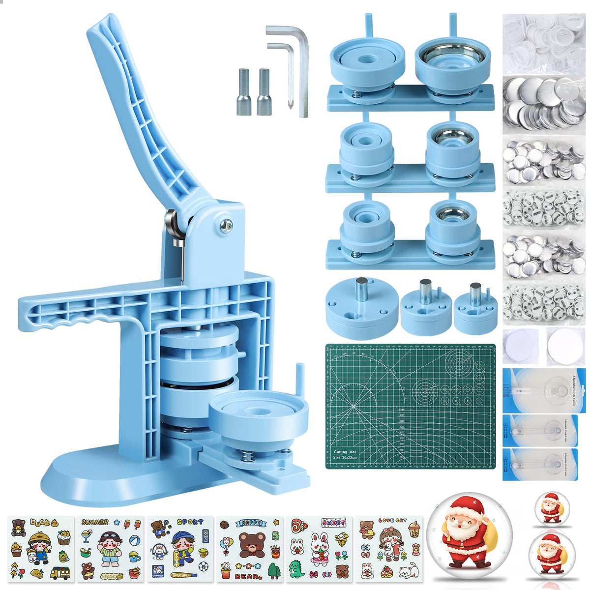 MK.Bear Button Maker Machine Multiple Sizes 1+1.25+2.25inch(4th Gen), DIY Button Pin Maker Machine Kit, Badge Press Machine with 300PCS 25+32+58mm Button Making Supplies& Cutting Mat&Circle Cutter
